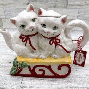 2018 Blue Sky Clayworks White Kittens Cat Holiday Goldminc Ceramic Teapot